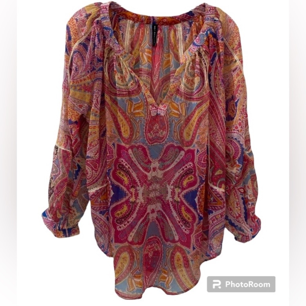 KAS Designs 3/4 Sleeve Printed Bohemian Blouse Top V-Neck Sheer Flowy Sm…